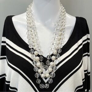 White House Black Market Multifaceted Clear and Pearl 3 Strand Necklace- 15”